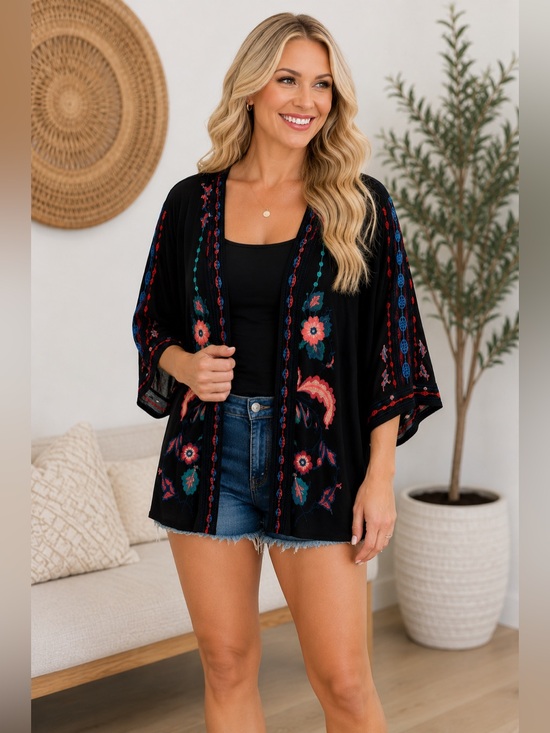 Jackets & Blazers - Curations M/L Black Embroidered Floral Boho Open Front Kimono Cardigan Jacket